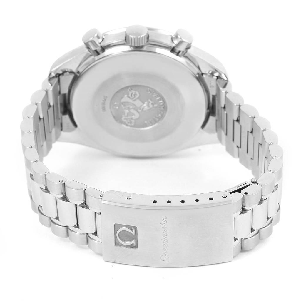 This image shows the back of an Omega Speedmaster 3502.73.00 Men's Stainless Steel Mother of Pearl Dial 3502.73.00 Men's Stainless Steel Mother of Pearl Dial watch, highlighting the case back, bracelet, and clasp.