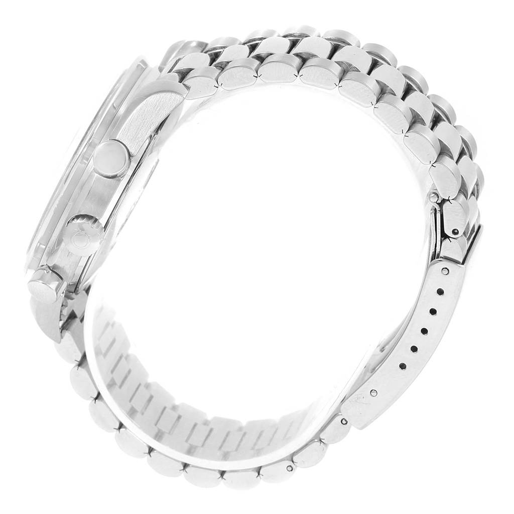 The image shows a side view of the Omega Speedmaster 3502.73.00 Men's Stainless Steel Mother of Pearl Dial 3502.73.00 Men's Stainless Steel Mother of Pearl Dial watch, highlighting the bracelet, case, crown, and pushers.