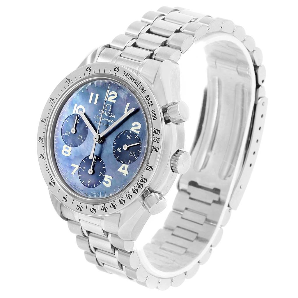 The image shows the Omega Speedmaster 3502.73.00 Men's Stainless Steel Mother of Pearl Dial 3502.73.00 Men's Stainless Steel Mother of Pearl Dial watch at an oblique angle, displaying the case, bezel, dial, and metal bracelet.