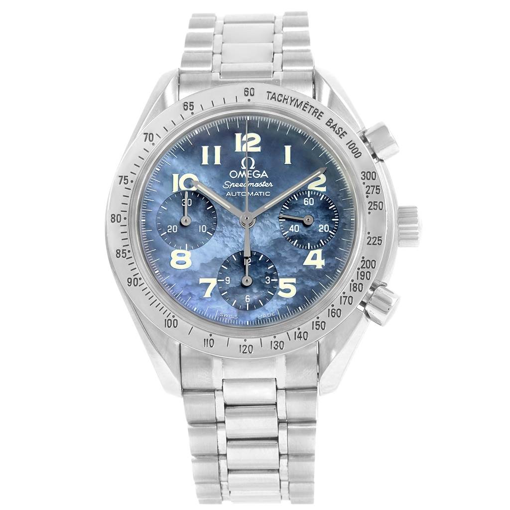 The image shows a front view of the Omega Speedmaster 3502.73.00 Men's Stainless Steel Mother of Pearl Dial 3502.73.00 Men's Stainless Steel Mother of Pearl Dial watch, highlighting its dial, bezel, and stainless steel bracelet.