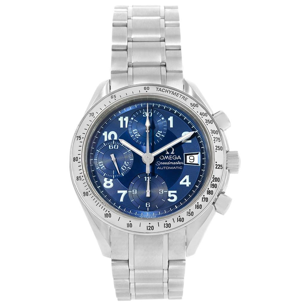 This image shows a frontal view of the Omega Speedmaster 3513.82.00 Men
s Stainless Steel Blue Dial 3513.82.00 Men
s Stainless Steel Blue Dial watch, displaying its dial, bezel, crown, and stainless steel bracelet.