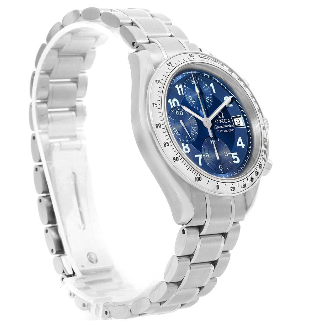 The Omega Speedmaster 3513.82.00 Men
s Stainless Steel Blue Dial 3513.82.00 Men
s Stainless Steel Blue Dial watch is shown at an angled side view, highlighting its blue dial and steel bracelet.