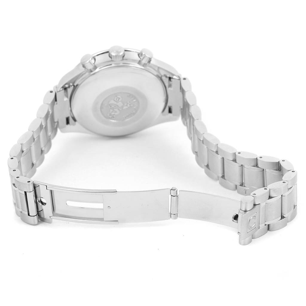 The image shows the back of an Omega Speedmaster 3513.82.00 Men
s Stainless Steel Blue Dial 3513.82.00 Men
s Stainless Steel Blue Dial watch, highlighting the open clasp and stainless steel bracelet.