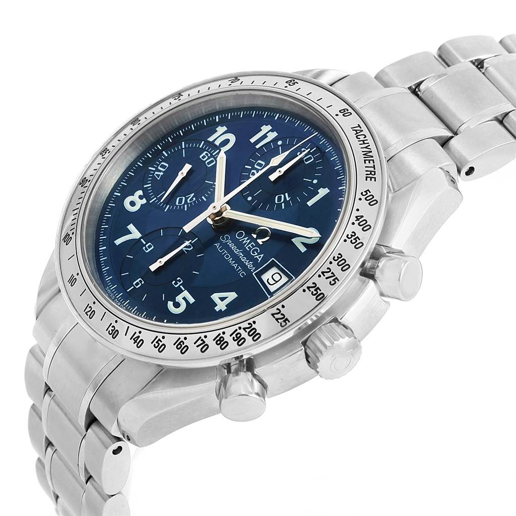 The Omega Speedmaster 3513.82.00 Men
s Stainless Steel Blue Dial 3513.82.00 Men
s Stainless Steel Blue Dial watch is shown at a slight angle, featuring the face, bezel, and stainless steel bracelet.