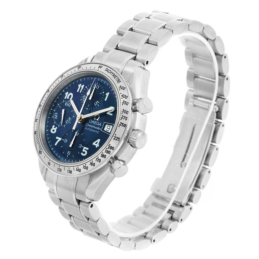 This Omega Speedmaster 3513.82.00 Men
s Stainless Steel Blue Dial 3513.82.00 Men
s Stainless Steel Blue Dial watch is shown at an angle displaying its face, bezel, crown, pushers, and metal bracelet.