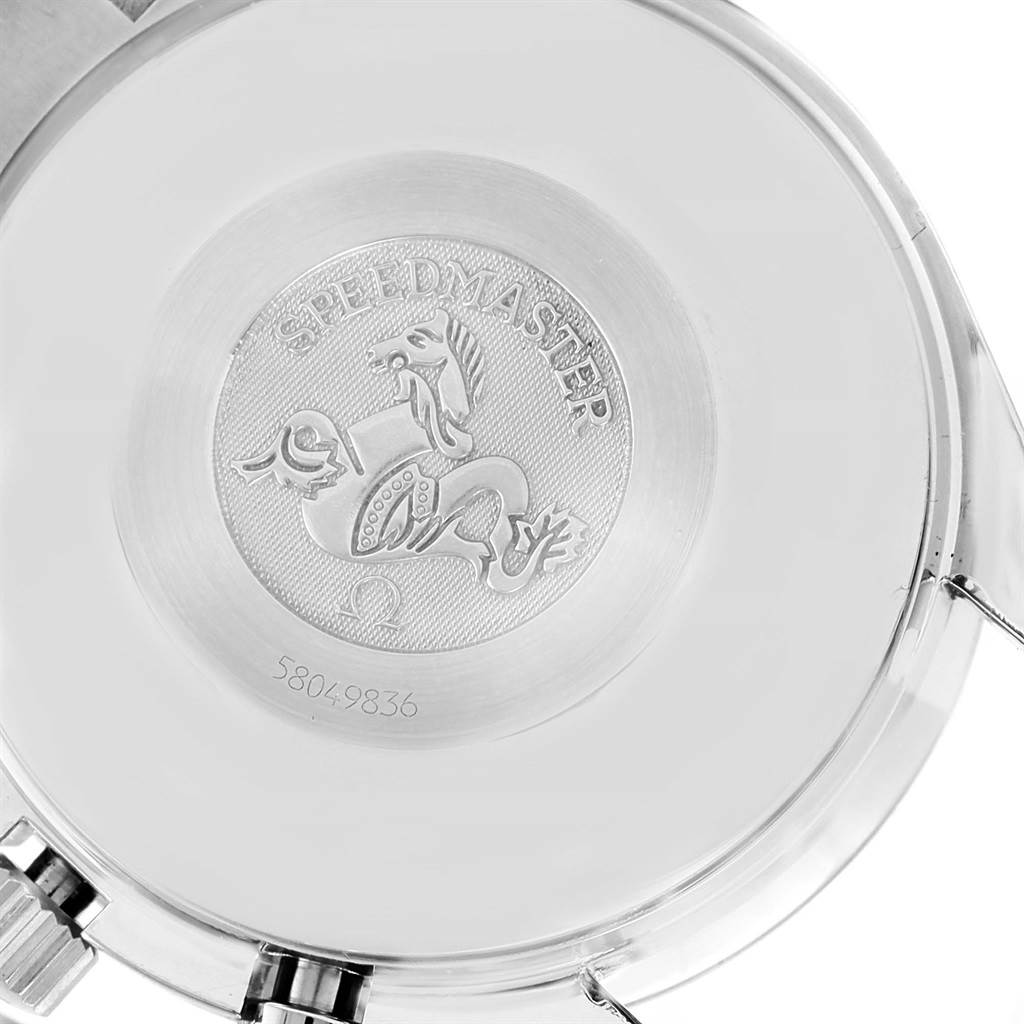 This image shows the case back of an Omega Speedmaster 3513.82.00 Men
s Stainless Steel Blue Dial 3513.82.00 Men
s Stainless Steel Blue Dial watch, prominently featuring the engraved logo and serial number.