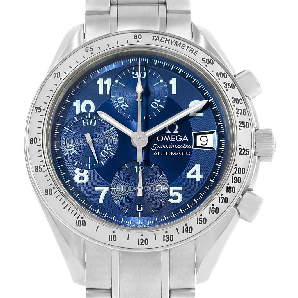 The image shows a front view of an Omega Speedmaster 3513.82.00 Men
s Stainless Steel Blue Dial 3513.82.00 Men
s Stainless Steel Blue Dial watch with a blue dial and tachymeter bezel.