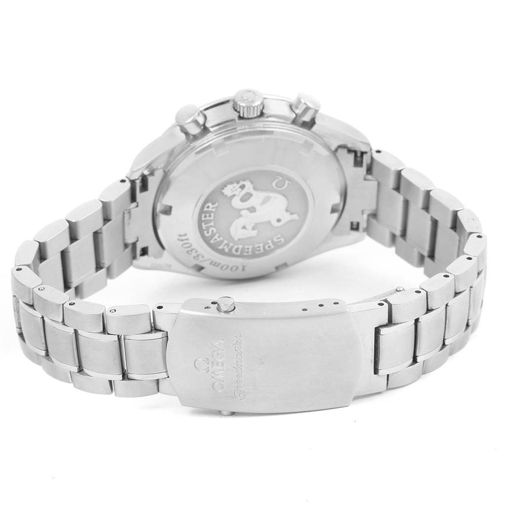 This image shows the back case, clasp, and bracelet of an Omega Speedmaster 3212.80.00 Men
s Stainless Steel Blue Dial 3212.80.00 Men
s Stainless Steel Blue Dial watch from an angled, rear view.