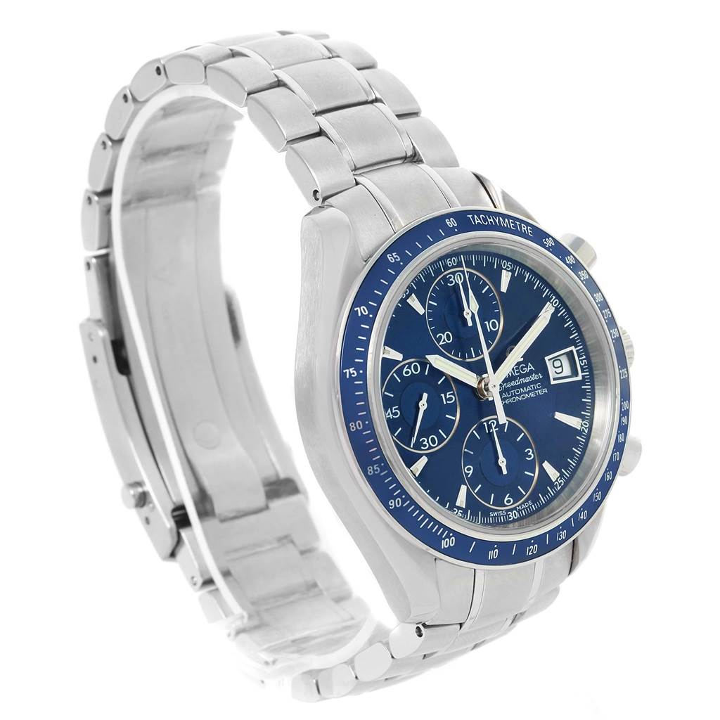 This Omega Speedmaster 3212.80.00 Men
s Stainless Steel Blue Dial 3212.80.00 Men
s Stainless Steel Blue Dial watch is shown at a three-quarter angle, displaying the face, bezel, and part of the bracelet.