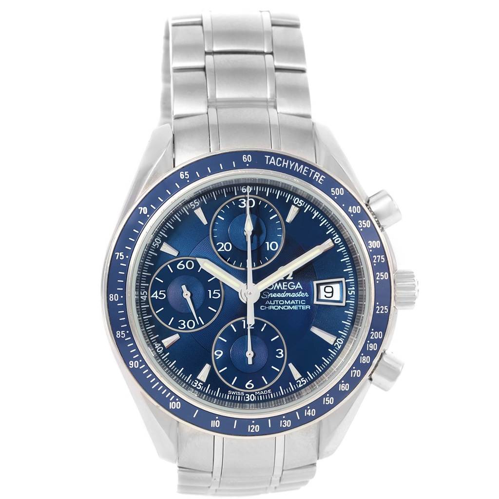 The Omega Speedmaster 3212.80.00 Men
s Stainless Steel Blue Dial 3212.80.00 Men
s Stainless Steel Blue Dial watch is shown from the front, displaying its face, bezel, chronographs, and metal bracelet.
