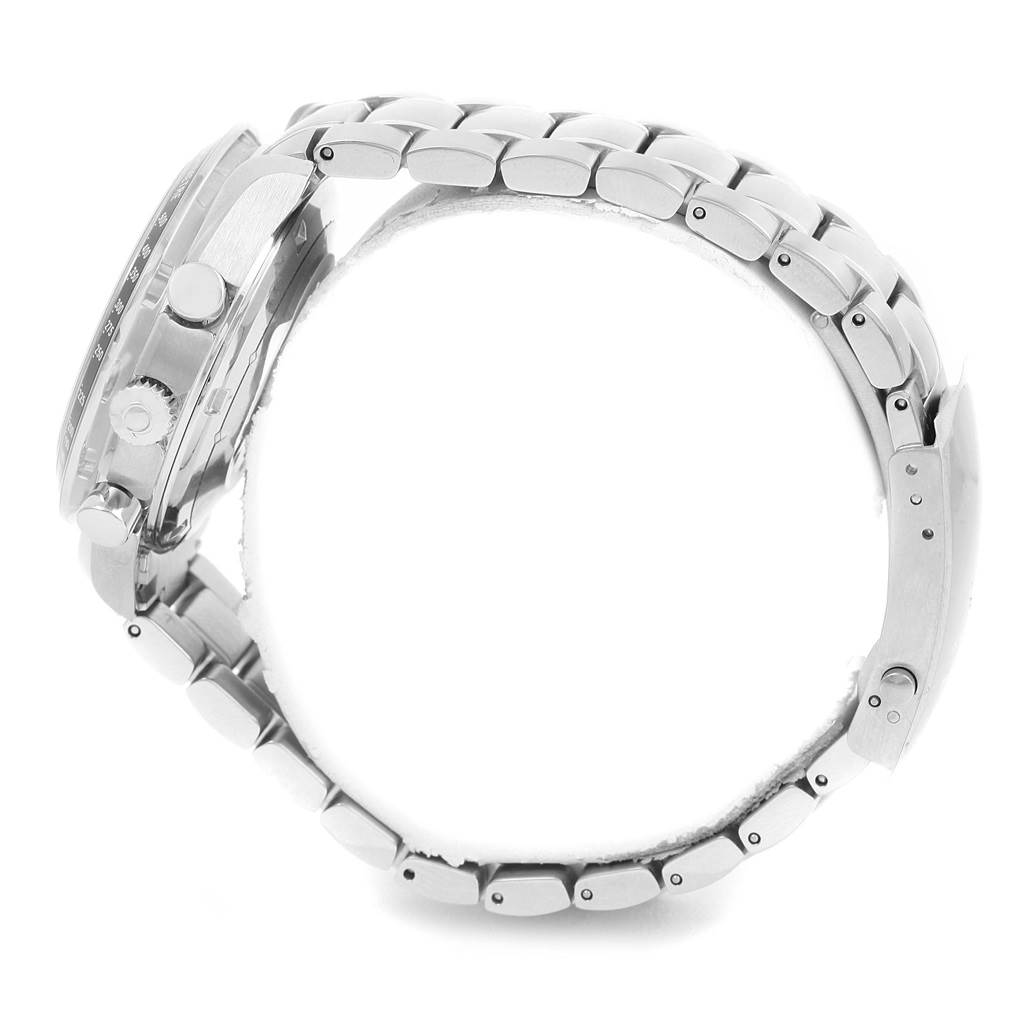 The image shows the side view of an Omega Speedmaster 3220.50.00 Men
s Stainless Steel Black Dial 3220.50.00 Men
s Stainless Steel Black Dial watch, highlighting the stainless steel bracelet and side profile of the case.