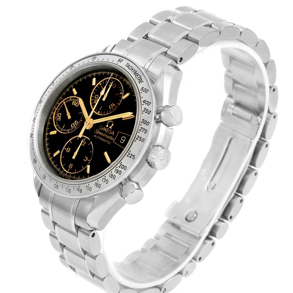 This Omega Speedmaster 3513.54.00 Men
s Stainless Steel Black Dial 3513.54.00 Men
s Stainless Steel Black Dial watch is shown at a slight angle, displaying its stainless steel bracelet, chronograph dials, crown, and pushers.