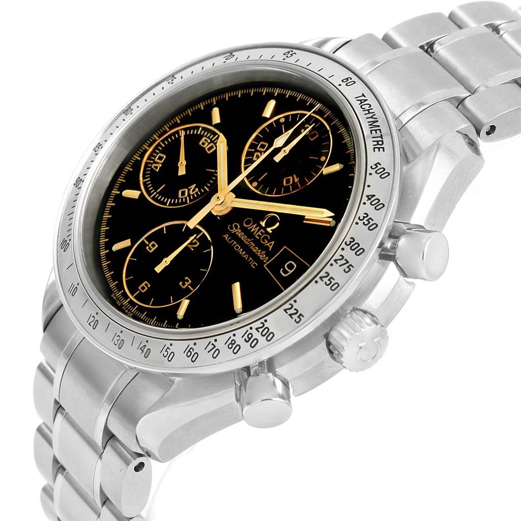 The Omega Speedmaster 3513.54.00 Men
s Stainless Steel Black Dial 3513.54.00 Men
s Stainless Steel Black Dial watch is shown at an angle, displaying the face, tachymeter bezel, pushers, crown, and part of the bracelet.