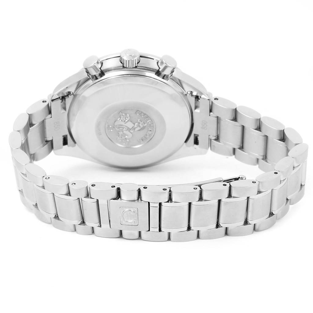 The image shows the back view of an Omega Speedmaster 3513.54.00 Men
s Stainless Steel Black Dial 3513.54.00 Men
s Stainless Steel Black Dial watch, highlighting its clasp, bracelet, and case back.