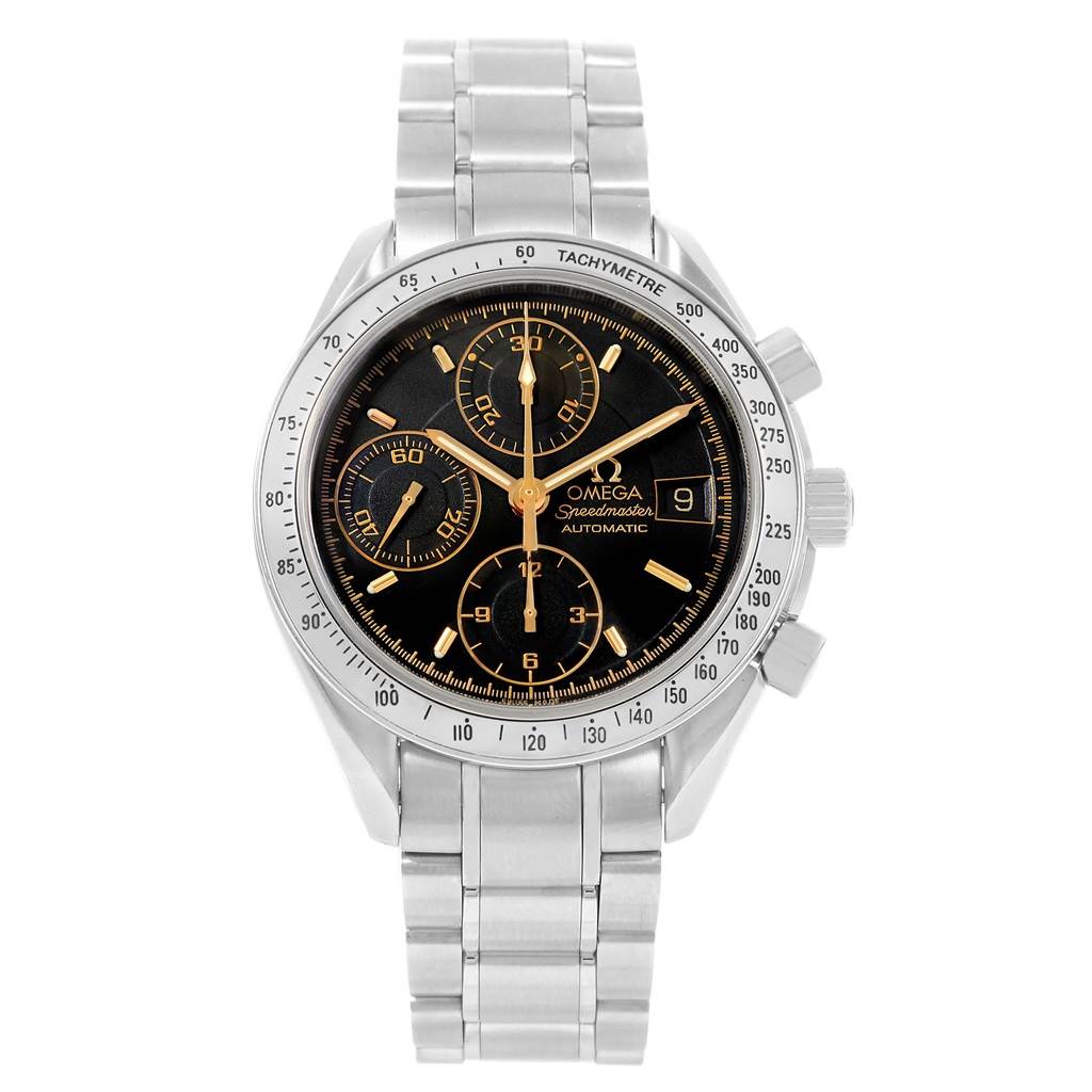 The Omega Speedmaster 3513.54.00 Men
s Stainless Steel Black Dial 3513.54.00 Men
s Stainless Steel Black Dial watch is shown from a front angle, displaying the dial, bezel, and stainless steel bracelet.