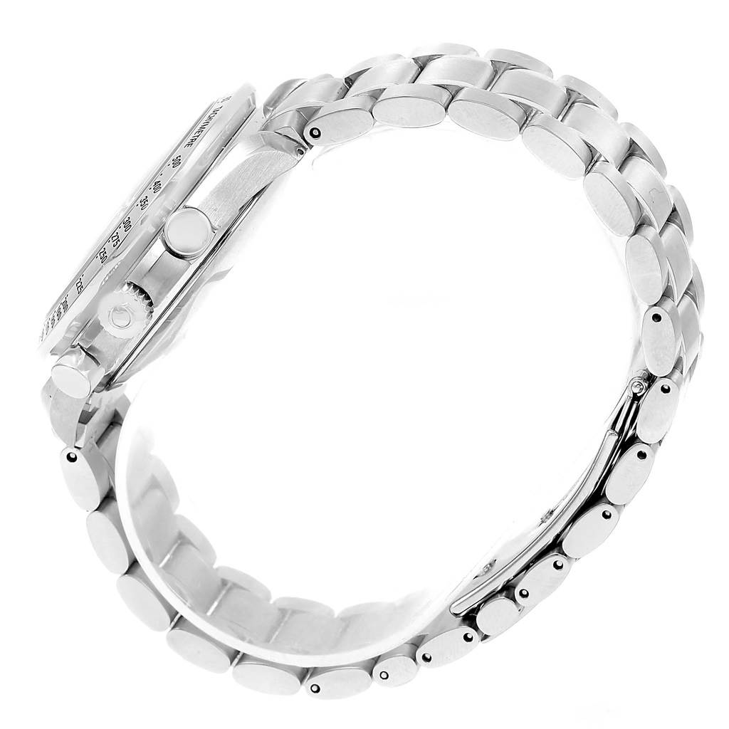 The image shows a side view of an Omega Speedmaster 3513.54.00 Men
s Stainless Steel Black Dial 3513.54.00 Men
s Stainless Steel Black Dial watch, highlighting its case, crown, pushers, and bracelet.