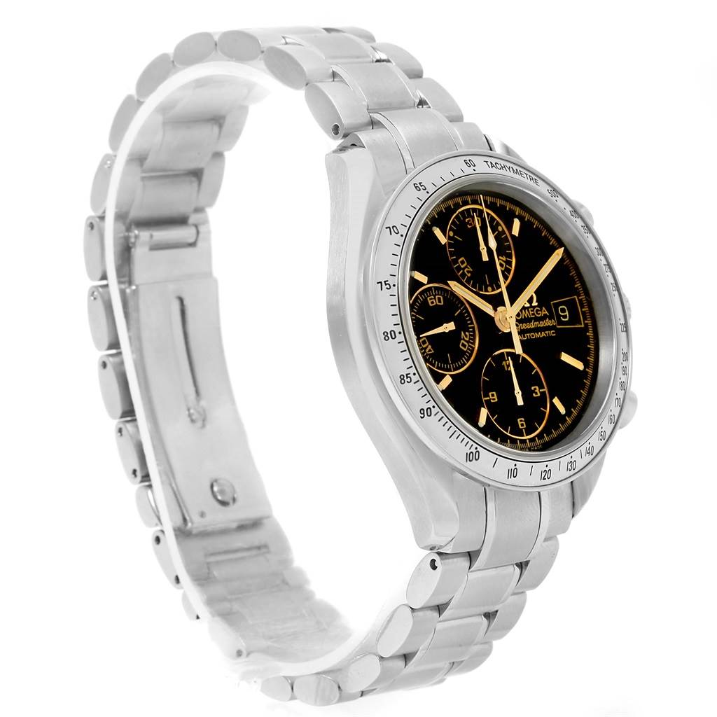 The Omega Speedmaster 3513.54.00 Men
s Stainless Steel Black Dial 3513.54.00 Men
s Stainless Steel Black Dial watch is shown from an angled side view, highlighting its black dial, tachymeter bezel, and metal bracelet.