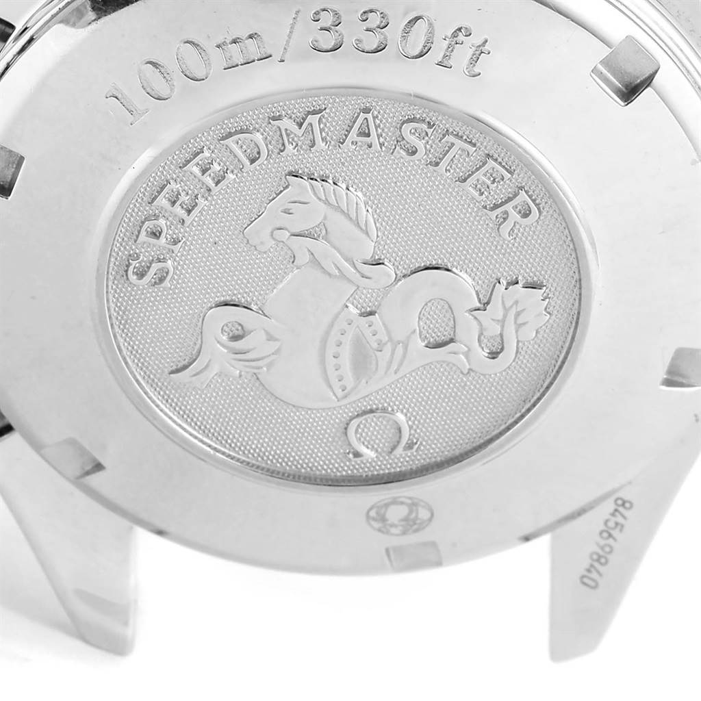 This image shows the back case of an Omega Speedmaster 3222.80.00 Men
s Stainless Steel Blue Dial 3222.80.00 Men
s Stainless Steel Blue Dial watch, featuring engraved branding and water resistance details.