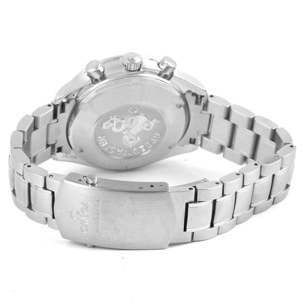 The image shows the back case and bracelet of an Omega Speedmaster 3222.80.00 Men
s Stainless Steel Blue Dial 3222.80.00 Men
s Stainless Steel Blue Dial watch from a rear angle.