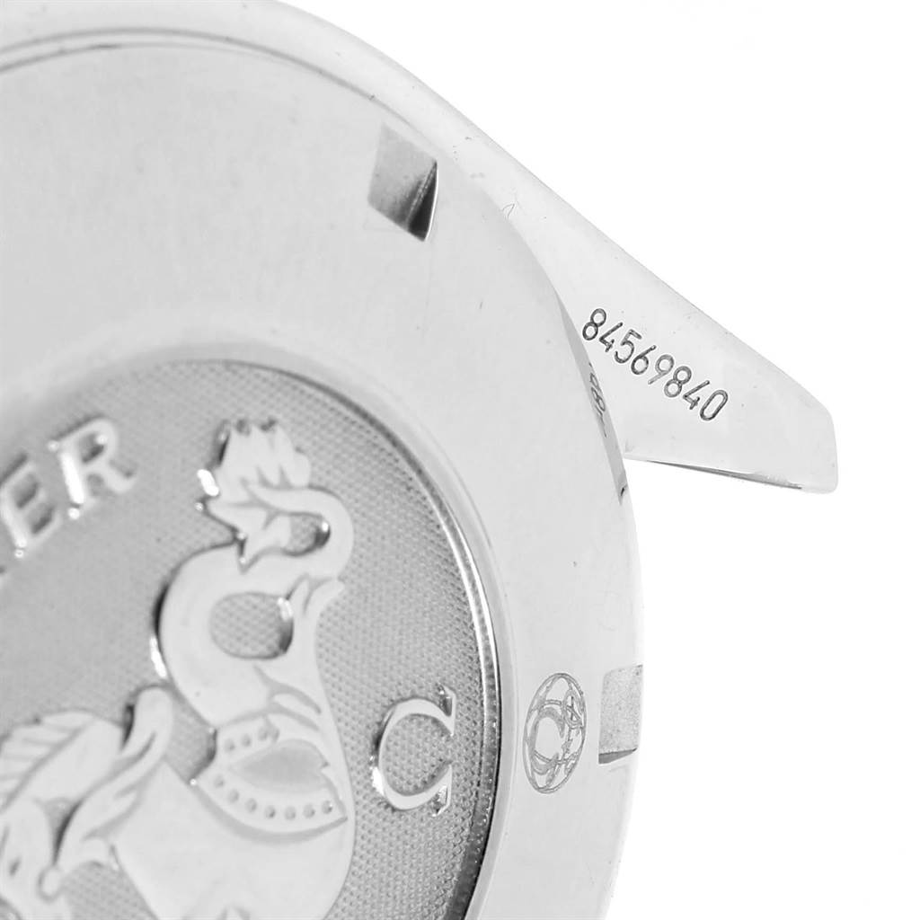 This image shows a close-up of the back casing and the lugs of an Omega Speedmaster 3222.80.00 Men
s Stainless Steel Blue Dial 3222.80.00 Men
s Stainless Steel Blue Dial watch, including the engraved serial number.