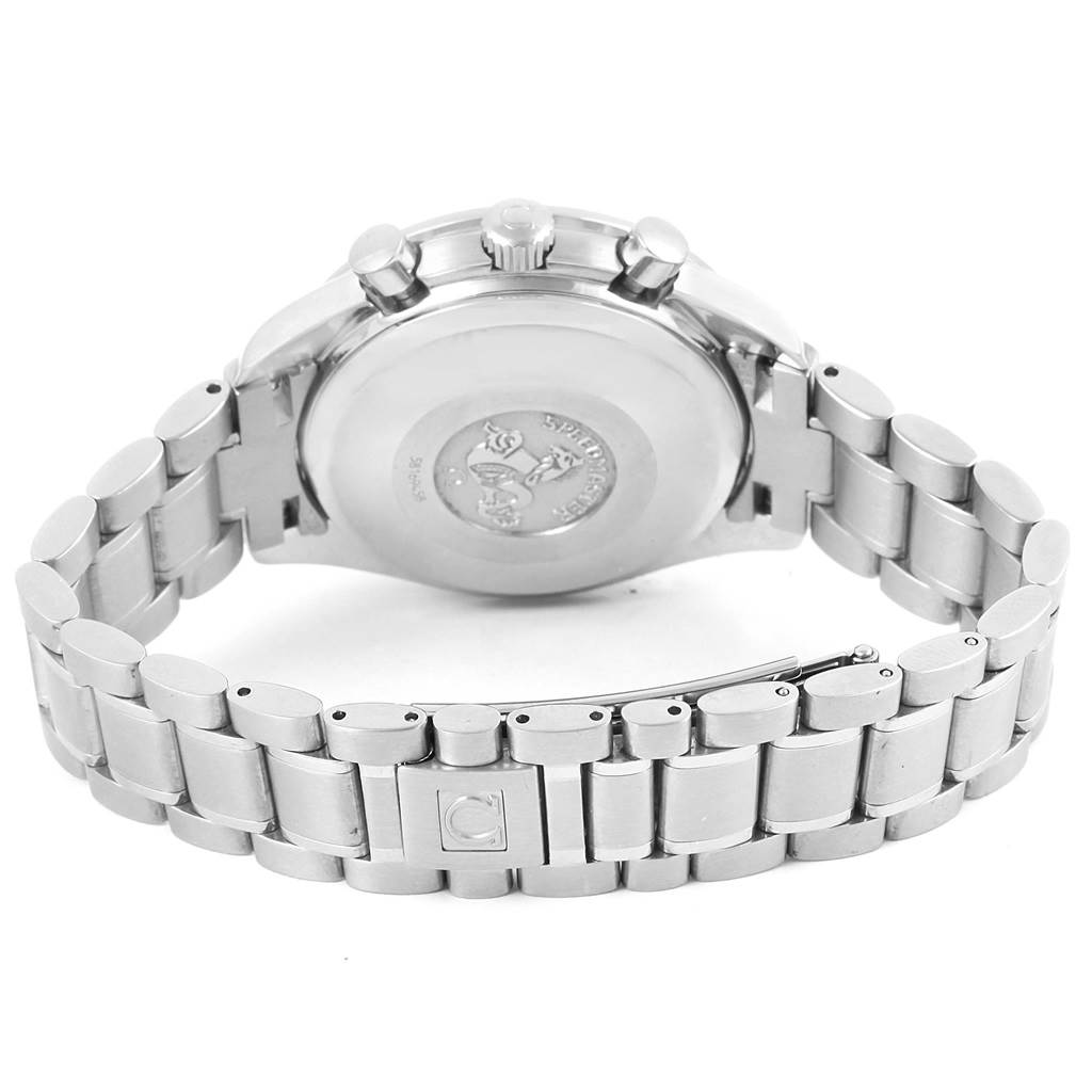 The image shows the back case, pushers, crown, and bracelet of an Omega Speedmaster 3513.52.00 Men
s Stainless Steel Black Dial 3513.52.00 Men
s Stainless Steel Black Dial watch from a rear view angle.