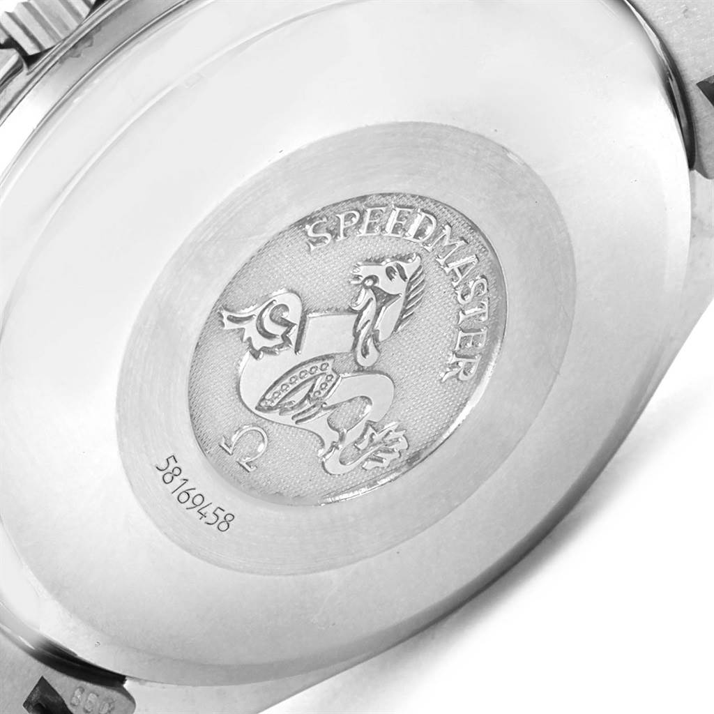 The image shows the engraved back case of an Omega Speedmaster 3513.52.00 Men
s Stainless Steel Black Dial 3513.52.00 Men
s Stainless Steel Black Dial watch, highlighting its logo and serial number.