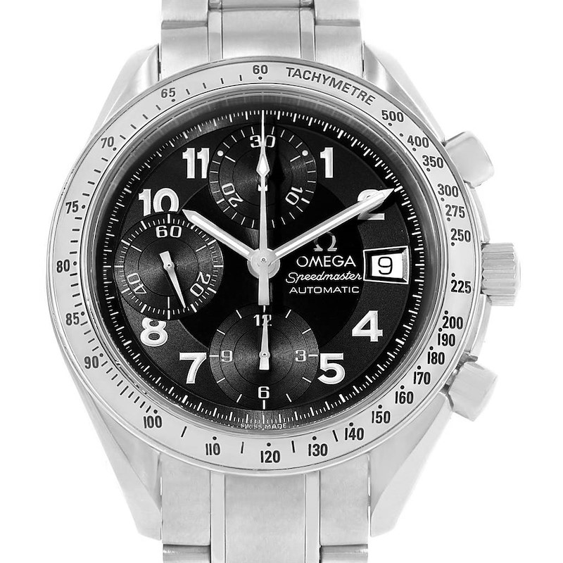 This image shows a front view of the Omega Speedmaster watch, highlighting the dial, tachymeter bezel, chronograph subdials, and date window.