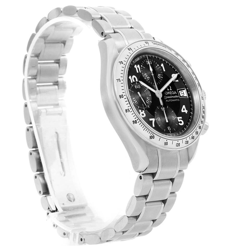 The image shows an Omega Speedmaster 3513.52.00 Men
s Stainless Steel Black Dial 3513.52.00 Men
s Stainless Steel Black Dial watch, angled to display the face and stainless steel bracelet, with the watch partially open.