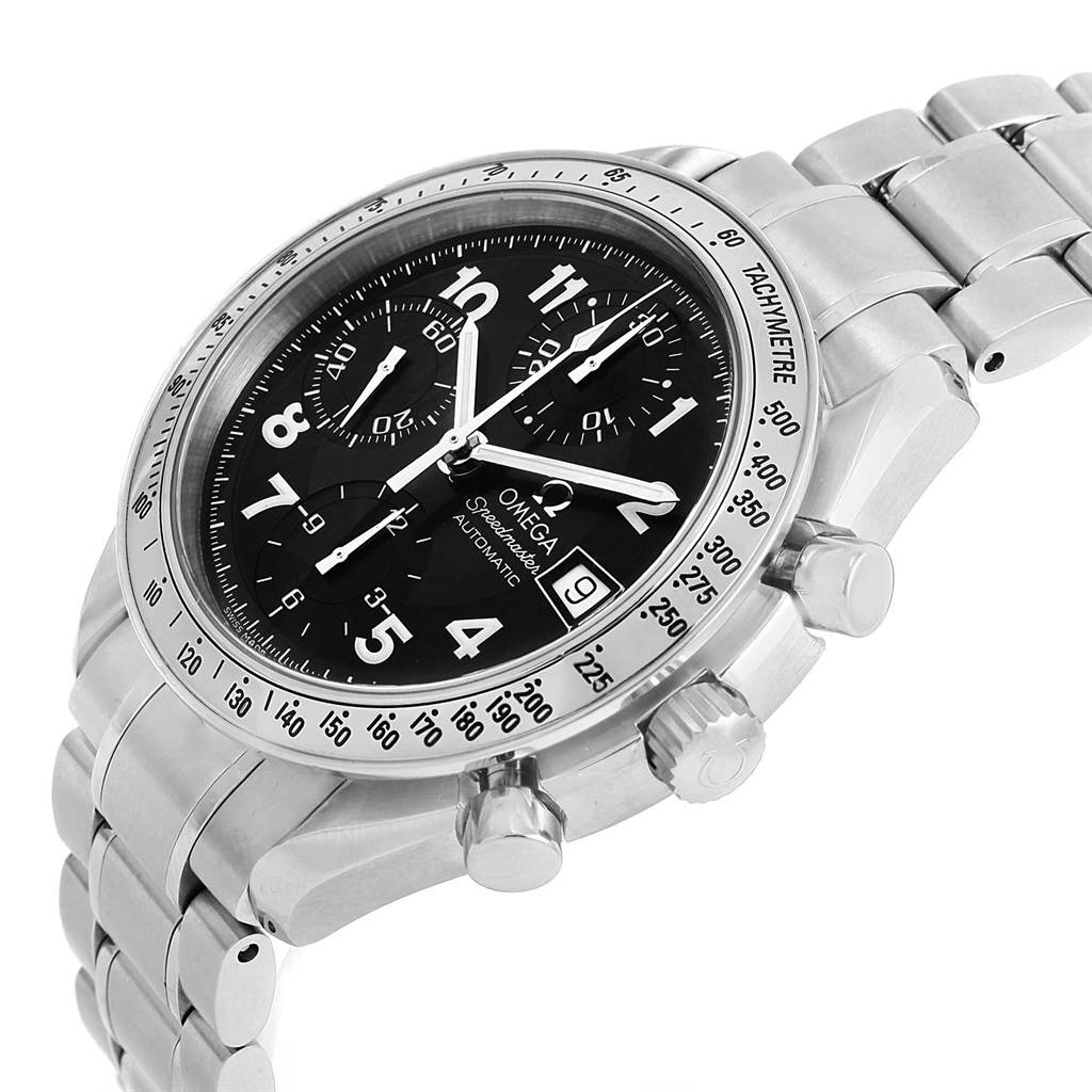 The image shows an Omega Speedmaster 3513.52.00 Men
s Stainless Steel Black Dial 3513.52.00 Men
s Stainless Steel Black Dial watch at an angled side view, showcasing its bracelet, crown, and chronograph pushers.