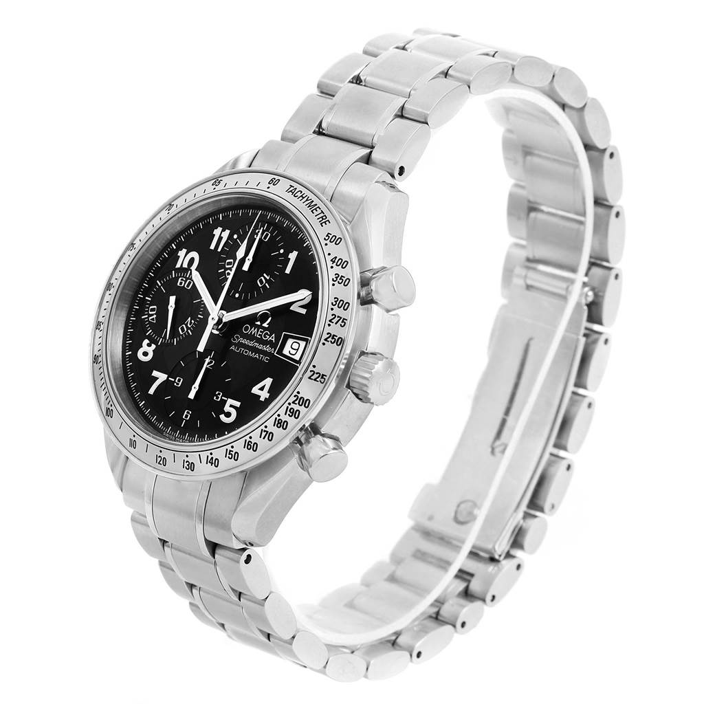 This image shows an angled side view of the Omega Speedmaster 3513.52.00 Men
s Stainless Steel Black Dial 3513.52.00 Men
s Stainless Steel Black Dial watch, featuring its stainless steel bracelet and black dial.