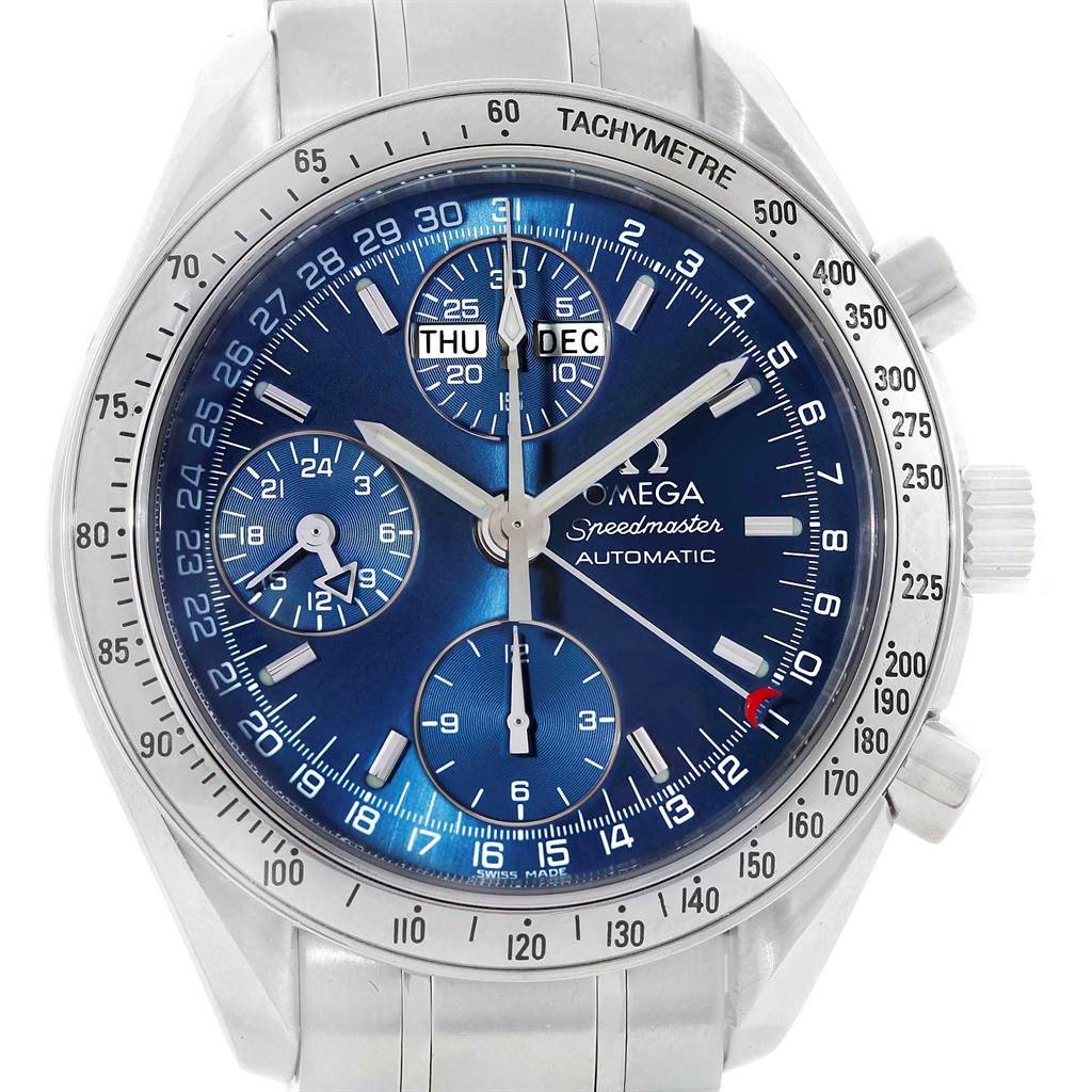 The image shows a frontal view of an Omega Speedmaster 3523.80.00 Men's Stainless Steel Blue Dial 3523.80.00 Men's Stainless Steel Blue Dial watch, showcasing its blue dial, tachymeter scale, and chronograph sub-dials.