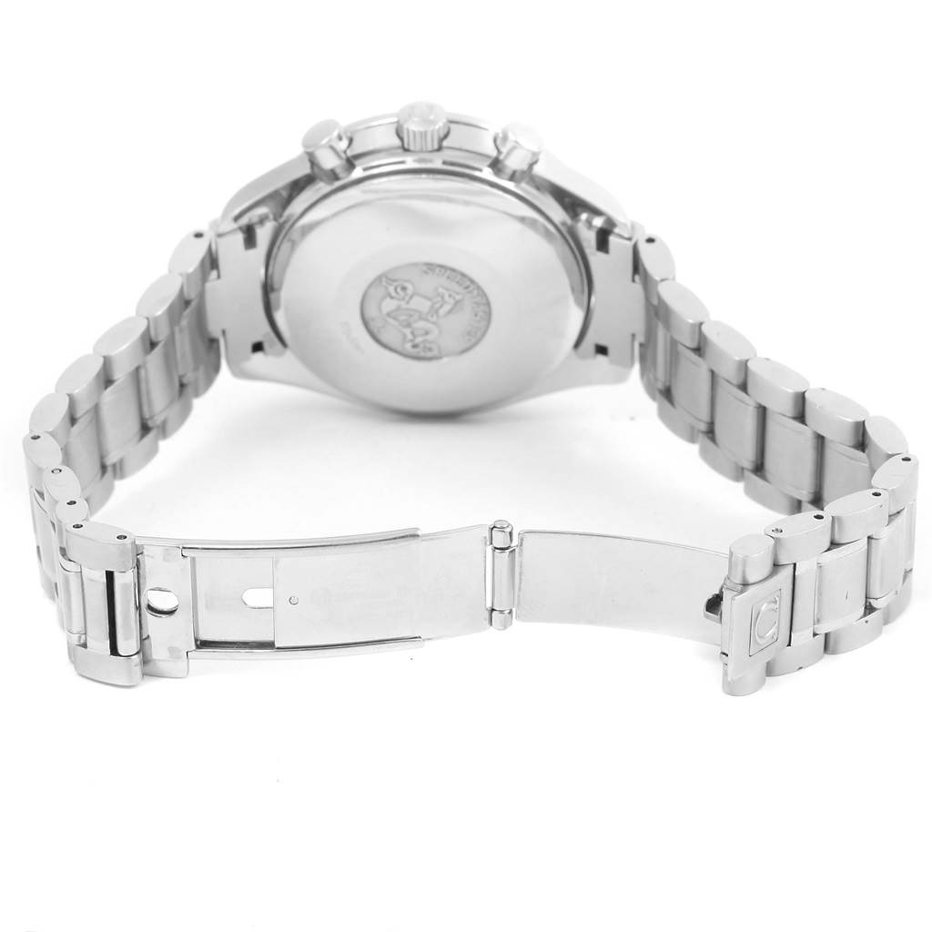 The image shows the back case and metal bracelet of an Omega Speedmaster 3523.80.00 Men's Stainless Steel Blue Dial 3523.80.00 Men's Stainless Steel Blue Dial watch and its open clasp.