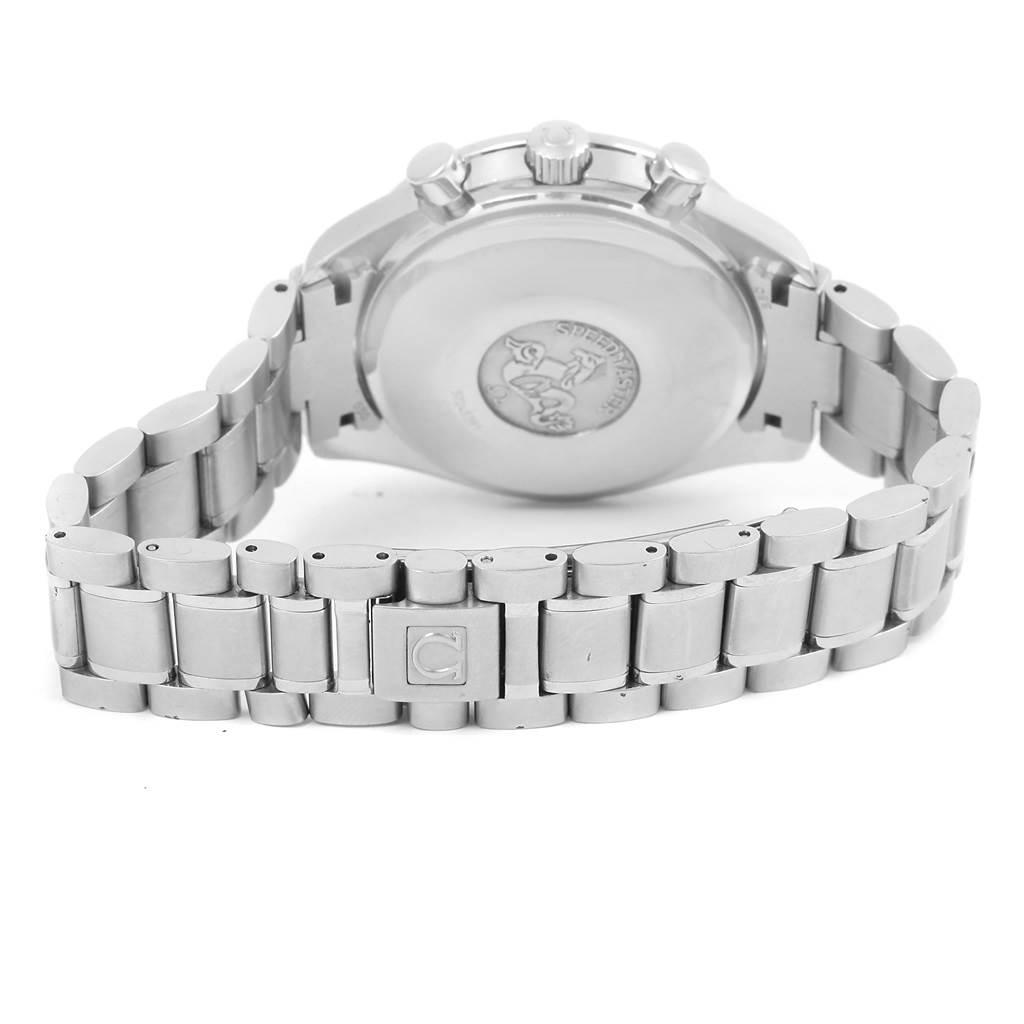 This image shows the back case and metal bracelet of an Omega Speedmaster 3523.80.00 Men's Stainless Steel Blue Dial 3523.80.00 Men's Stainless Steel Blue Dial watch from a rear angle.