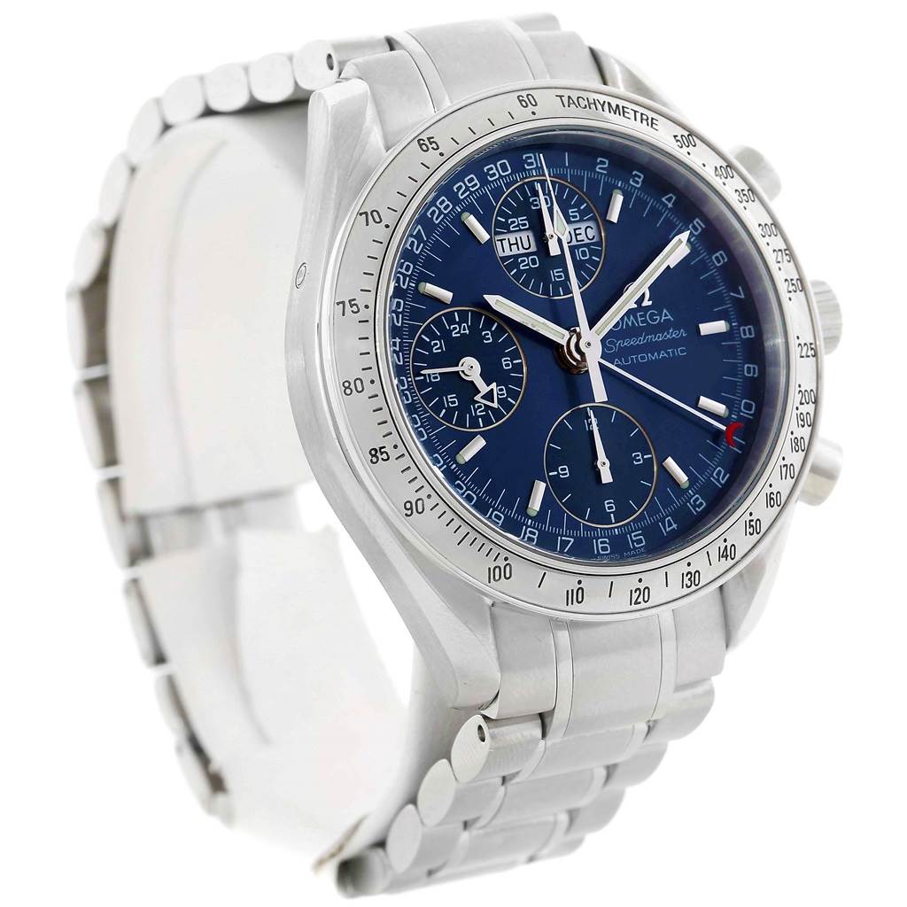 The image shows a front and side view of the Omega Speedmaster 3523.80.00 Men's Stainless Steel Blue Dial 3523.80.00 Men's Stainless Steel Blue Dial watch, highlighting its face, bezel, and metal bracelet.