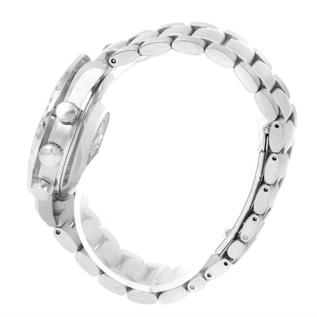 This image shows a side view of the Omega Speedmaster 3523.80.00 Men's Stainless Steel Blue Dial 3523.80.00 Men's Stainless Steel Blue Dial watch, highlighting its case, crown, pushers, and bracelet.