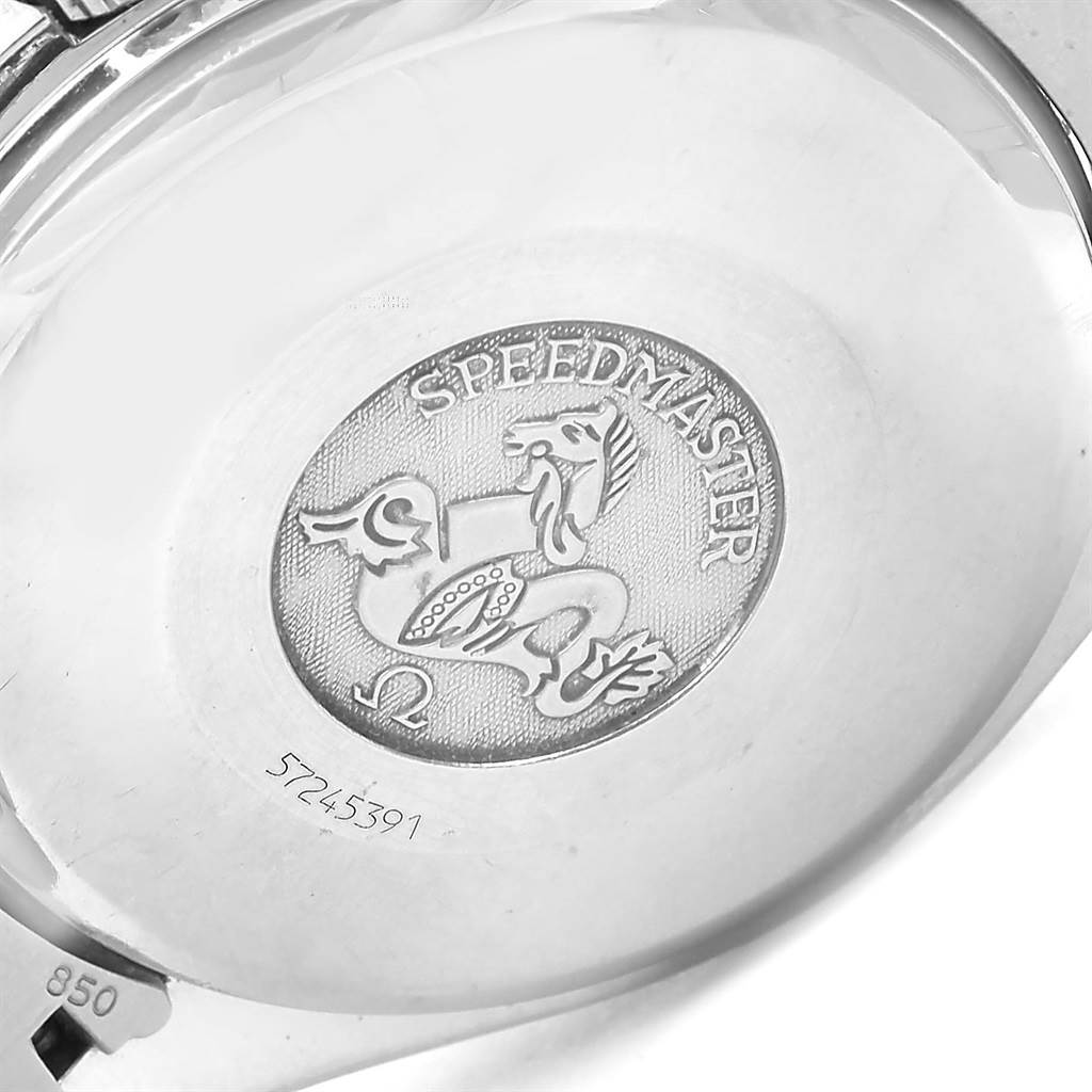 The image shows the case back of the Omega Speedmaster 3523.80.00 Men's Stainless Steel Blue Dial 3523.80.00 Men's Stainless Steel Blue Dial watch featuring the engraved logo and serial number.