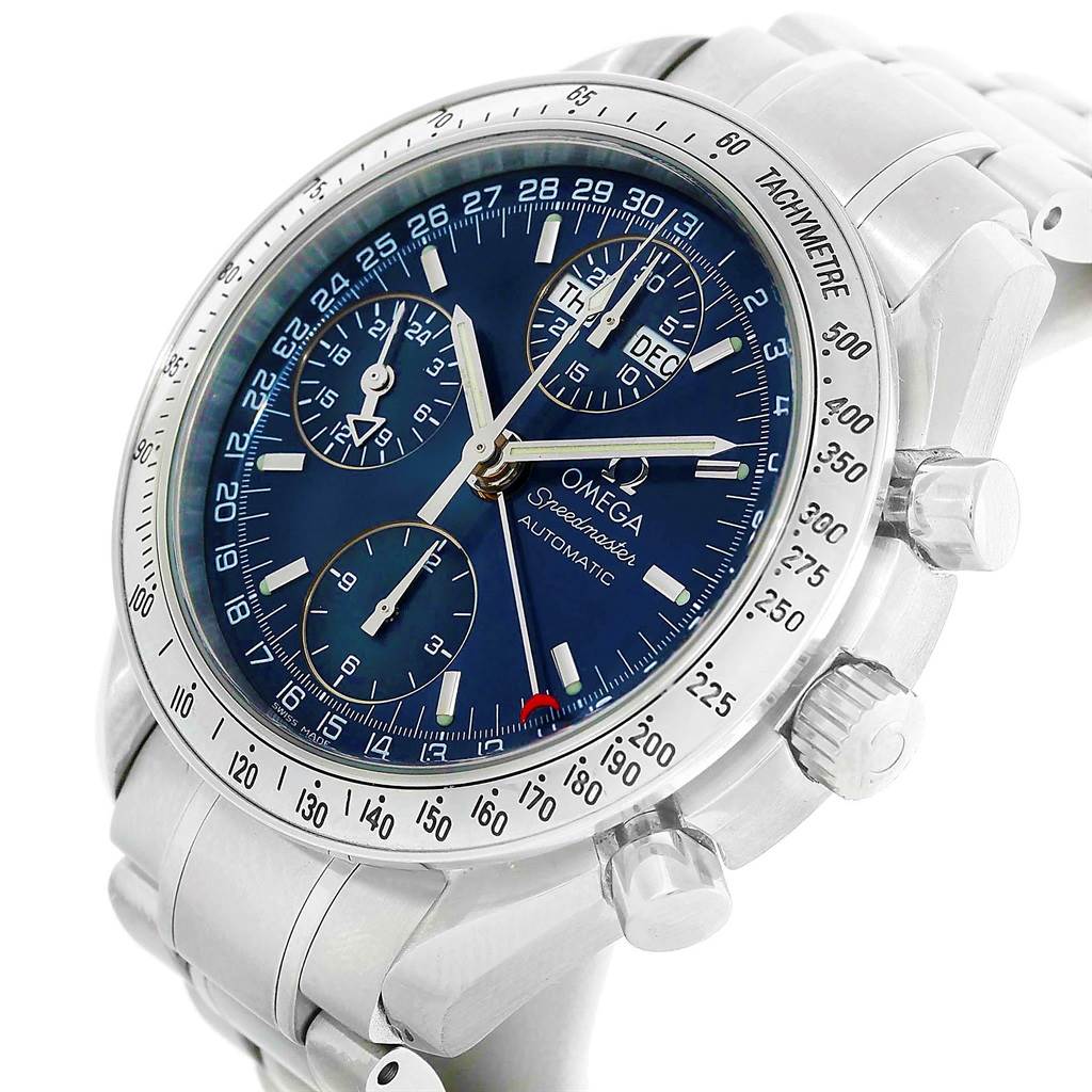 The Omega Speedmaster 3523.80.00 Men's Stainless Steel Blue Dial 3523.80.00 Men's Stainless Steel Blue Dial watch is shown at a slight angle, displaying the face, tachymeter bezel, pushers, and part of the bracelet.