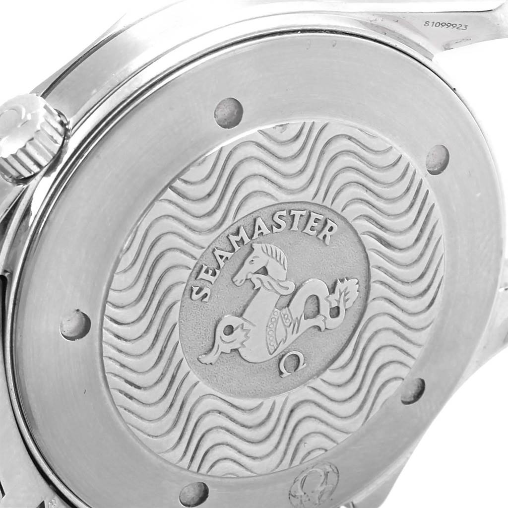 This image shows the case back with intricate engravings of an Omega Speedmaster 2531.80.00 Men
s Stainless Steel Blue Dial 2531.80.00 Men
s Stainless Steel Blue Dial watch viewed from an angled rear perspective.