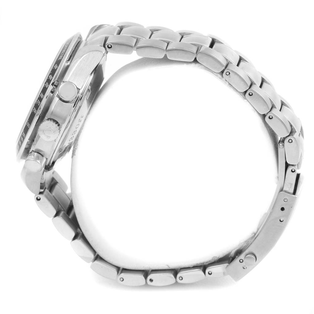 The image shows a side view of the Omega Speedmaster 3210.52.00 Men
s Stainless Steel Black Dial 3210.52.00 Men
s Stainless Steel Black Dial watch, highlighting its stainless steel case and bracelet.