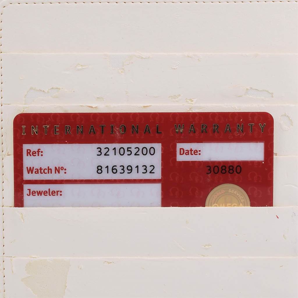 This image shows the International Warranty card for an Omega Speedmaster 3210.52.00 Men
s Stainless Steel Black Dial 3210.52.00 Men
s Stainless Steel Black Dial watch.