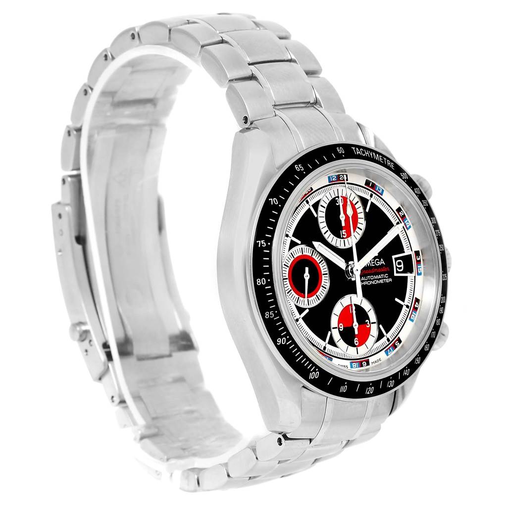 The image shows an Omega Speedmaster 3210.52.00 Men
s Stainless Steel Black Dial 3210.52.00 Men
s Stainless Steel Black Dial watch at a slight angle, highlighting its dial, bezel, date window, and metal strap.