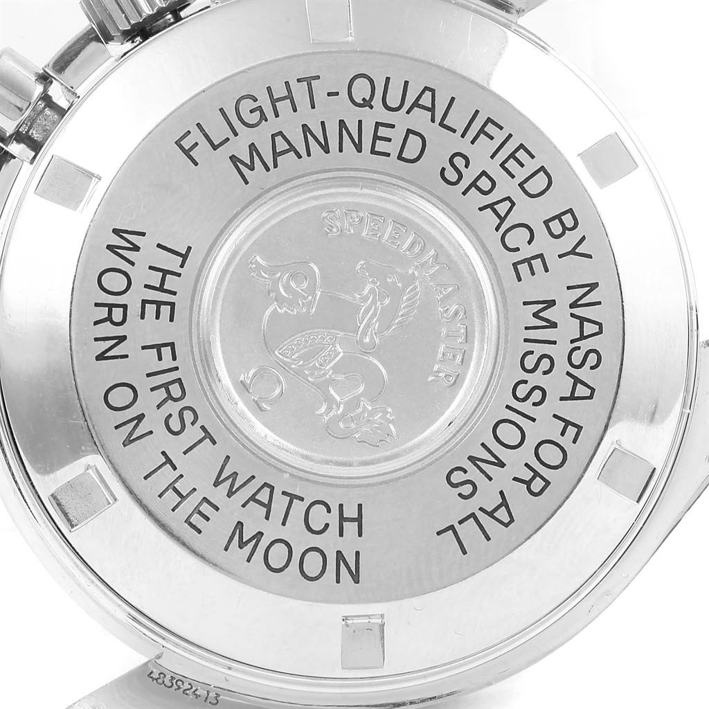 The image shows the case back of an Omega Speedmaster 3570.50.00 Men
s Stainless Steel Black Dial 3570.50.00 Men
s Stainless Steel Black Dial watch, highlighting its engravings and logo.