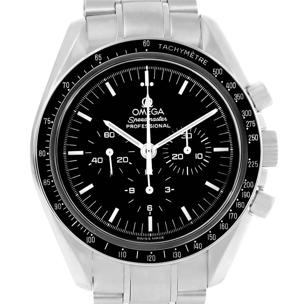 The Omega Speedmaster 3570.50.00 Men
s Stainless Steel Black Dial 3570.50.00 Men
s Stainless Steel Black Dial watch is shown from the front, highlighting its dial, tachymeter bezel, and part of its bracelet.
