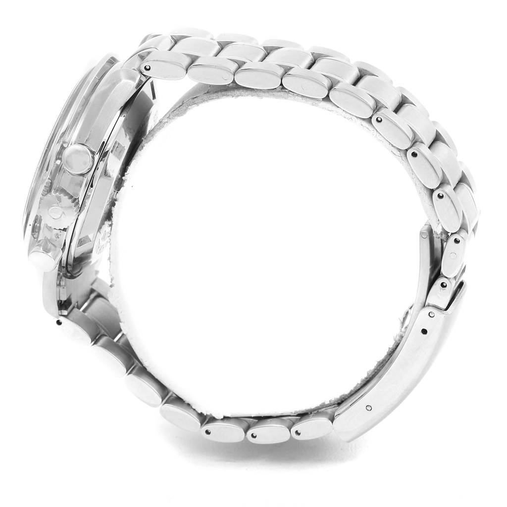 This image shows a side view of the Omega Speedmaster 3570.50.00 Men
s Stainless Steel Black Dial 3570.50.00 Men
s Stainless Steel Black Dial, highlighting the bracelet, clasp, and case, including the crown and pushers.