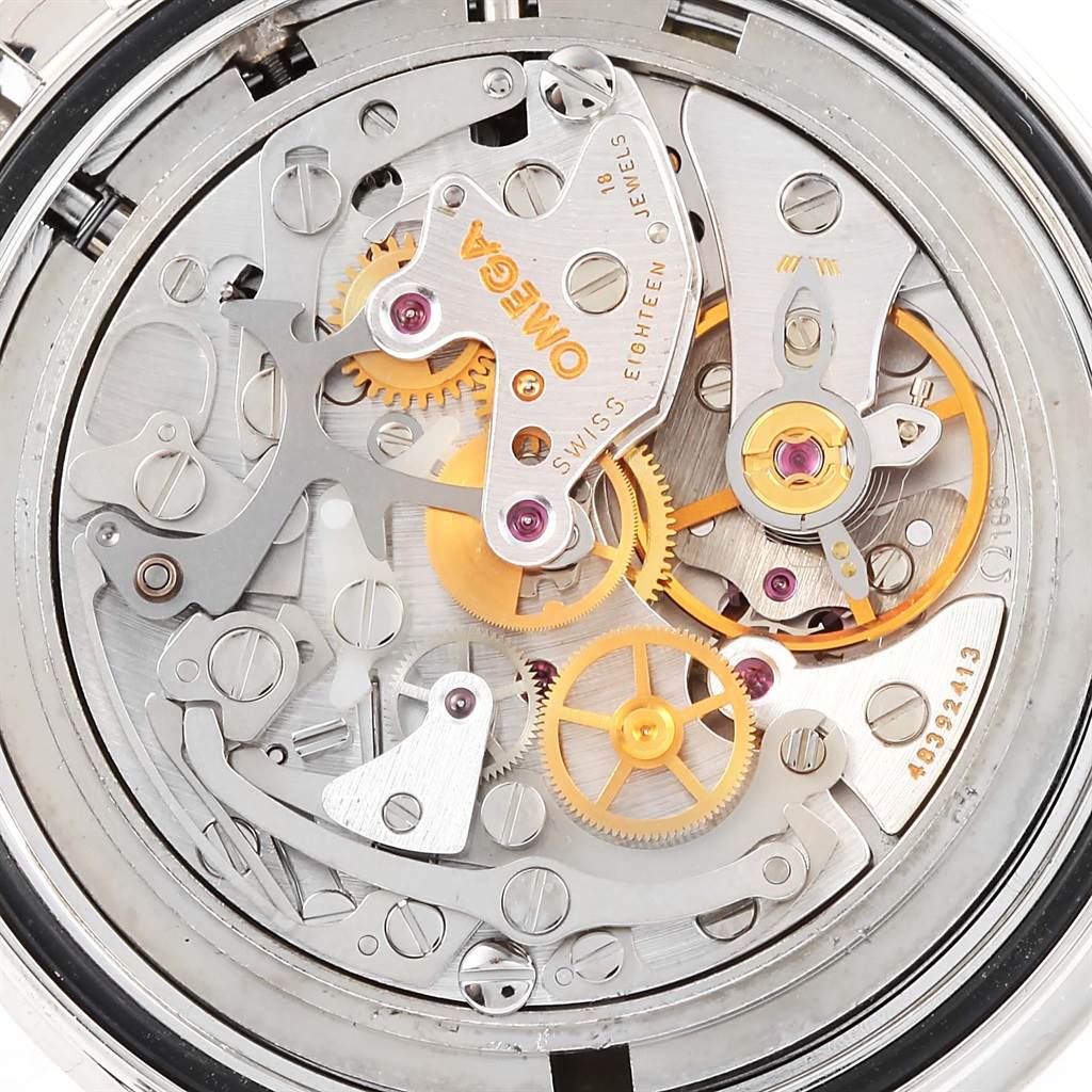 This image shows the intricate internal mechanism and gears of an Omega Speedmaster 3570.50.00 Men
s Stainless Steel Black Dial 3570.50.00 Men
s Stainless Steel Black Dial watch from a back angle.