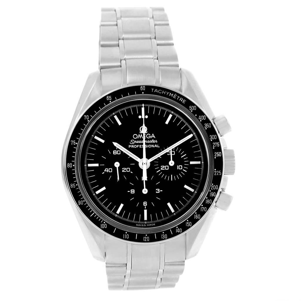The image shows a front view of the Omega Speedmaster 3570.50.00 Men
s Stainless Steel Black Dial 3570.50.00 Men
s Stainless Steel Black Dial watch, displaying its dial, bezel, and portion of its stainless steel bracelet.