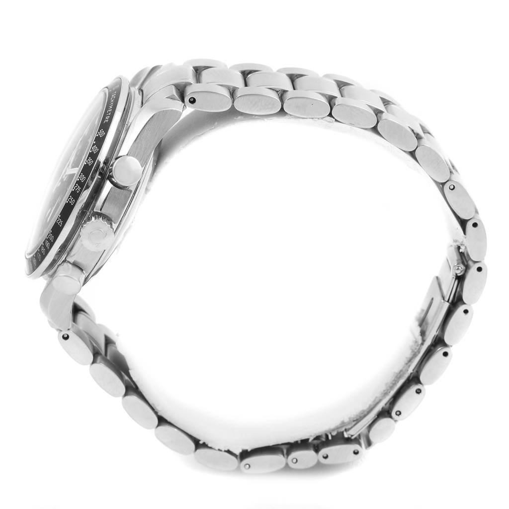 The Omega Speedmaster 3520.50.00 Men
s Stainless Steel Black Dial 3520.50.00 Men
s Stainless Steel Black Dial watch is shown from a side angle, focusing on its stainless steel bracelet and case.