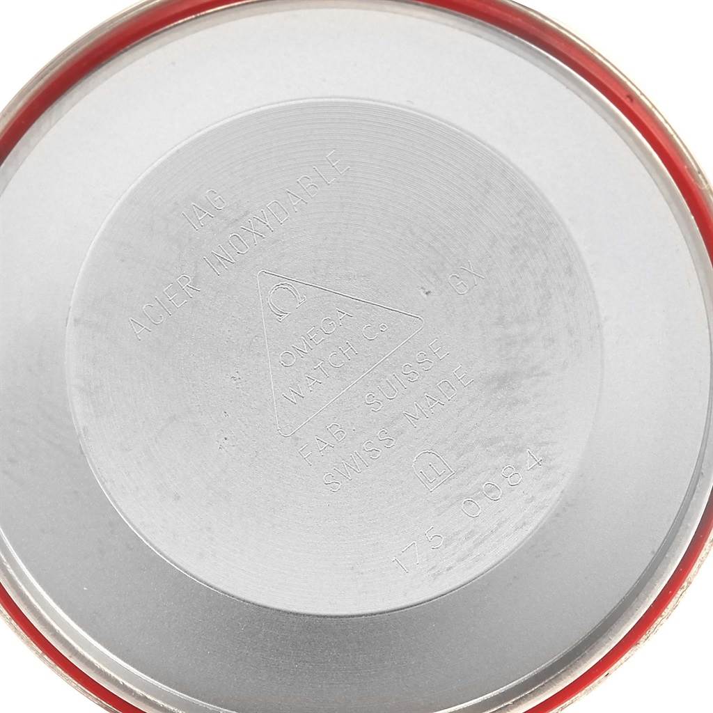 The image shows the back case cover of an Omega Speedmaster 3520.50.00 Men
s Stainless Steel Black Dial 3520.50.00 Men
s Stainless Steel Black Dial watch with engraved details.