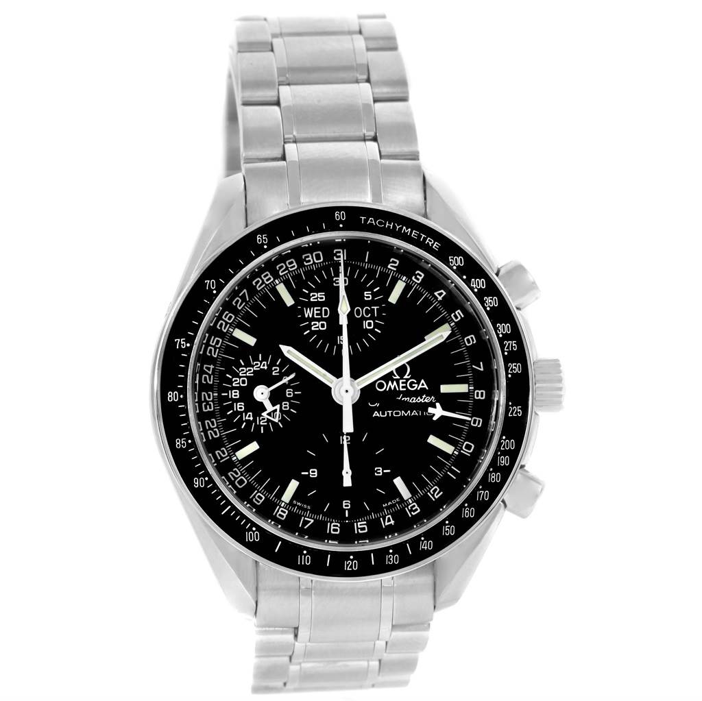The image shows a front view of the Omega Speedmaster 3520.50.00 Men
s Stainless Steel Black Dial 3520.50.00 Men
s Stainless Steel Black Dial watch, highlighting its black dial, tachymeter bezel, and steel bracelet.
