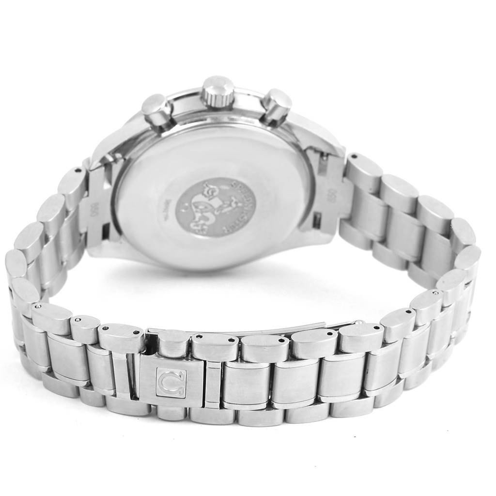 This Omega Speedmaster 3520.50.00 Men
s Stainless Steel Black Dial 3520.50.00 Men
s Stainless Steel Black Dial watch is shown from the back, displaying the case back and the metal bracelet with clasp.